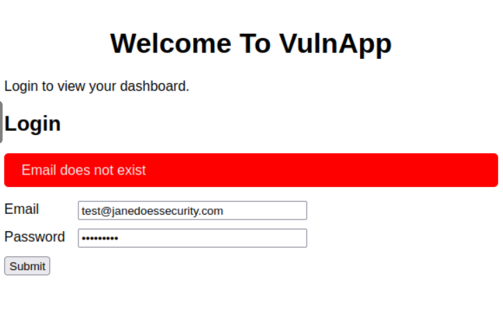 Login error message revealing valid username